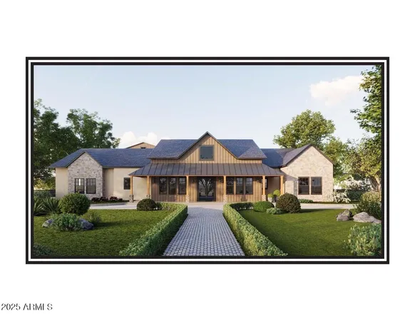 a front view of a house with a garden
