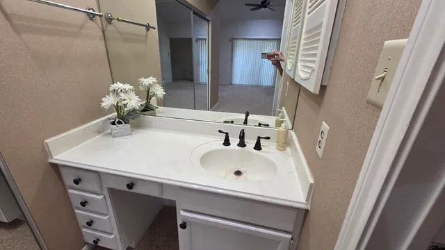 a bathroom with a sink and a mirror