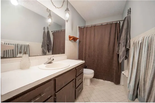 a bathroom with a sink a toilet a mirror and shower curtain