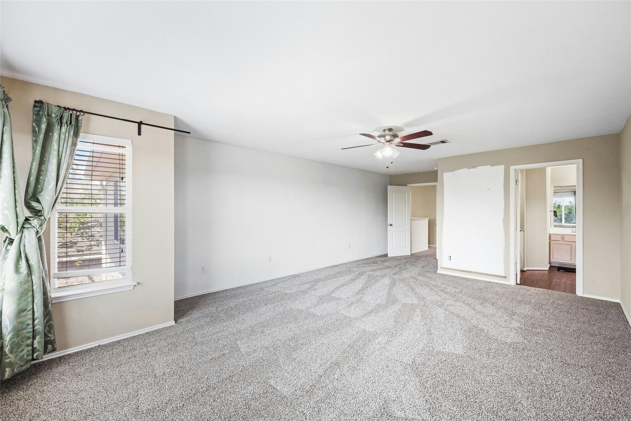 3618 Windhill Loop Round Rock, TX 78681 - Photo 18 of 30 Huge Primary bedroom with carpet flooring, ceiling fan, and ensuite bath