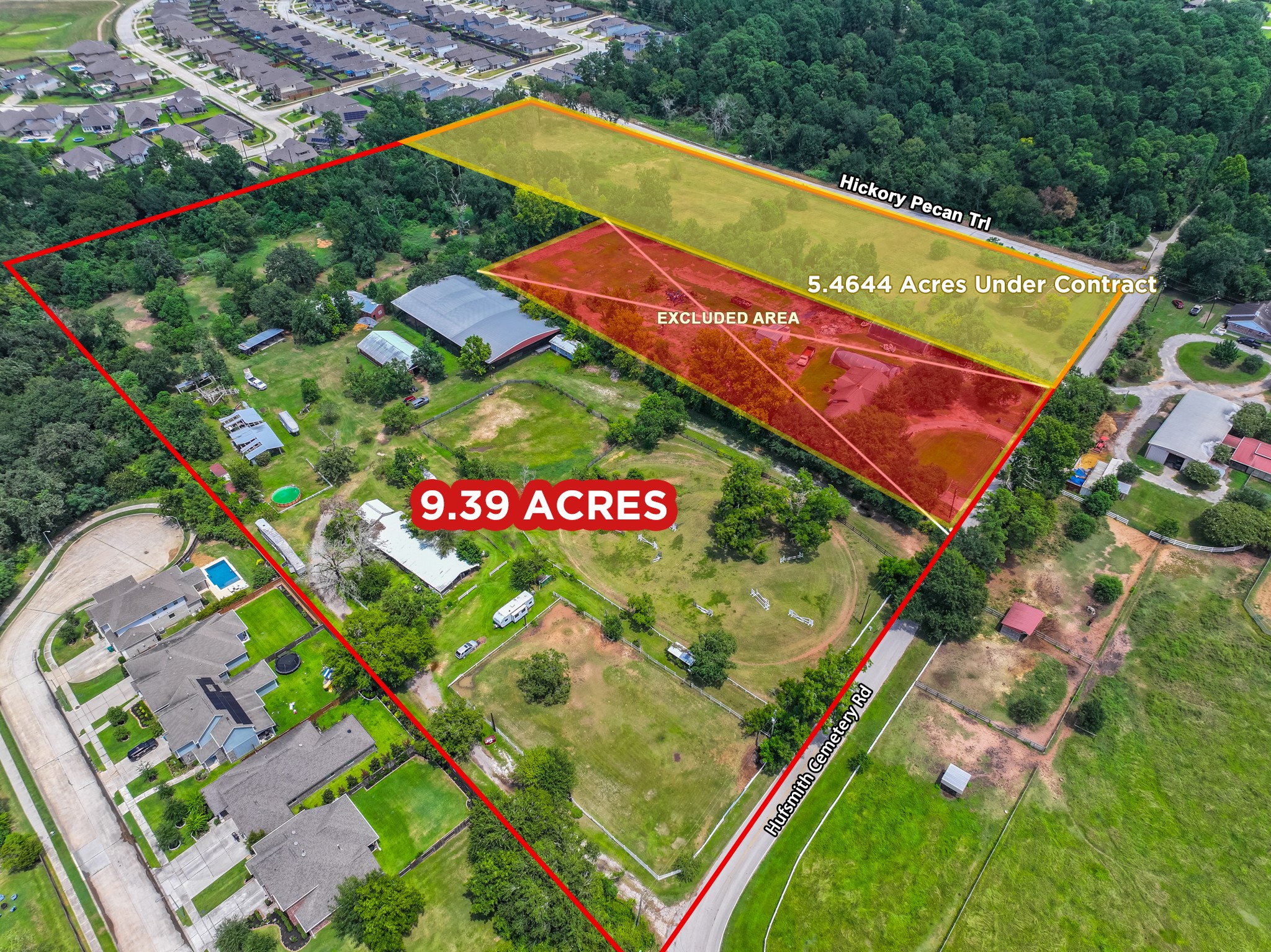 Seen from above, the full magnificent scope of this extraordinary Tomball acreage comes into sharp focus — the highlighted property boundary revealing the true scale of what is being offered, with lush green surroundings, clear road access, and existing on-site improvements already providing immediate functional value.