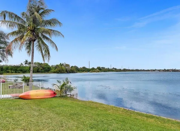 a view of a lake with a palm and lawn chairs