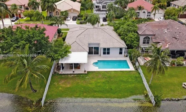 an aerial view of house with swimming pool