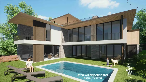 a view of a house with pool and chairs