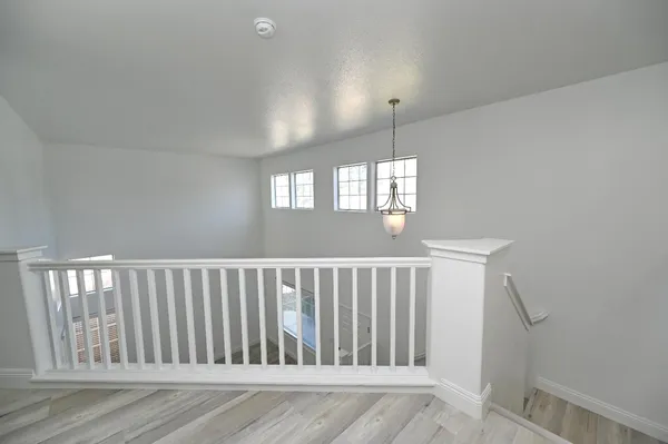 a view of a backyard with large trees and wooden fence