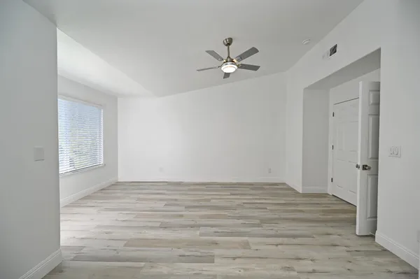 a view of a backyard with large trees and wooden fence