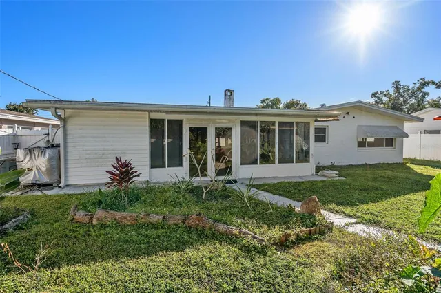 a view of a garden with plants and large trees