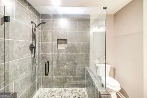 a bathroom with a shower and toilet