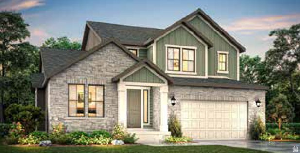 View of front of property with a garage, stone siding, board and batten siding, and driveway