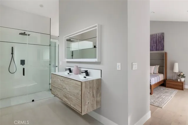 a view of a park with large trees