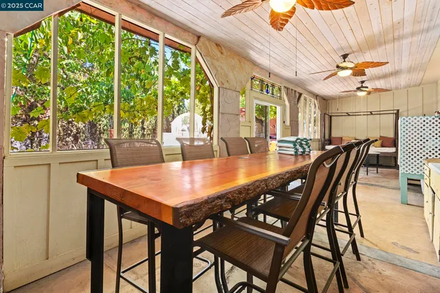 a view of a dining room with furniture window and outside view