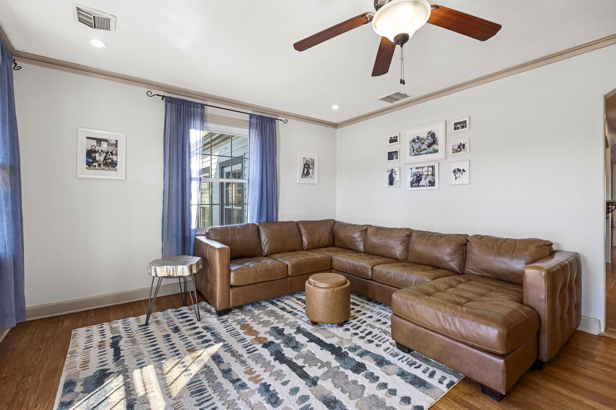4120 Village Road Memphis, TN 38117 - Photo 5 of 28 Living room featuring crown molding, ceiling fan, wood finished floors, and recessed lighting