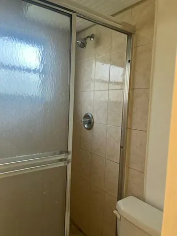 a bathroom with a shower and toilet