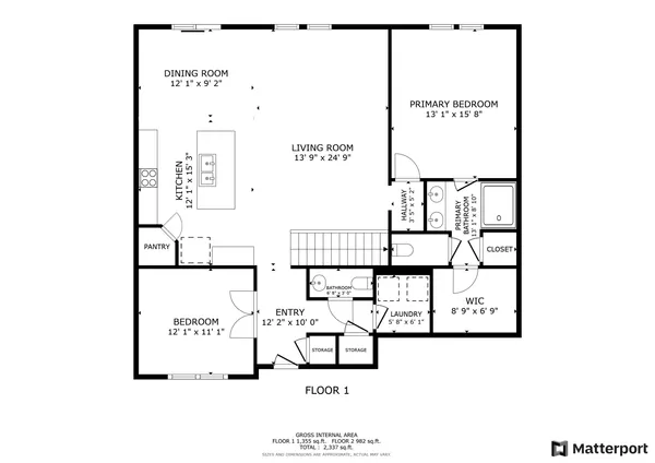 a view of a hallway with paintings on the wall