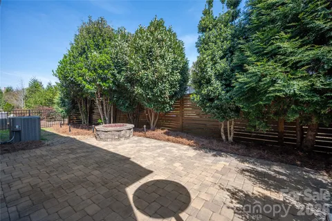 a view of a backyard with plants and trees
