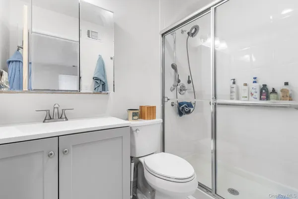 a bathroom with a granite countertop sink toilet and shower
