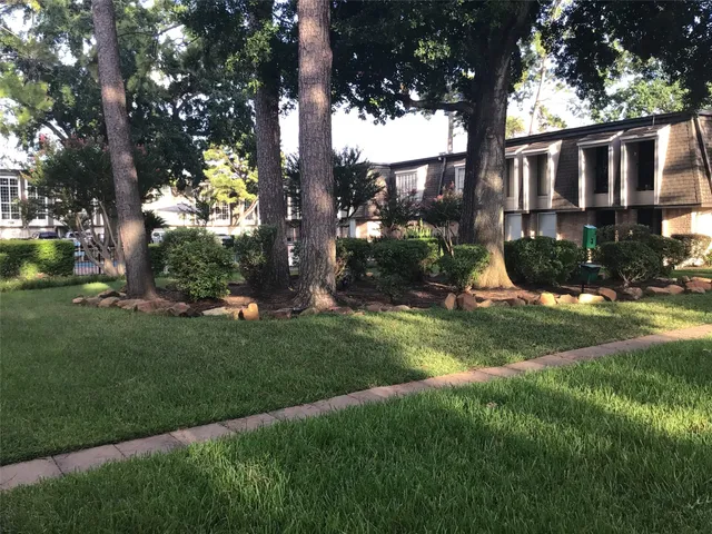 a view of a backyard with potted plants and large trees