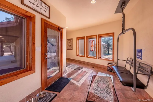 a hallway with a large window