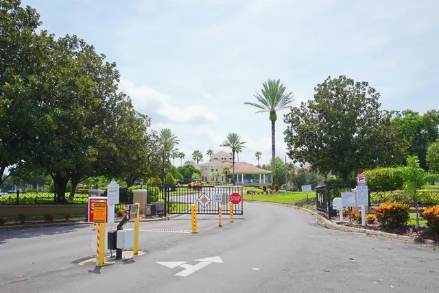 a view of a park with swings and slides