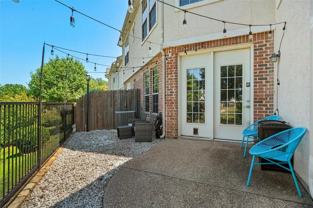 a view of a yard with plants and large trees