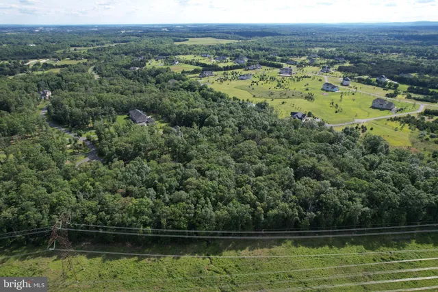 an aerial view of residential houses with outdoor space and trees