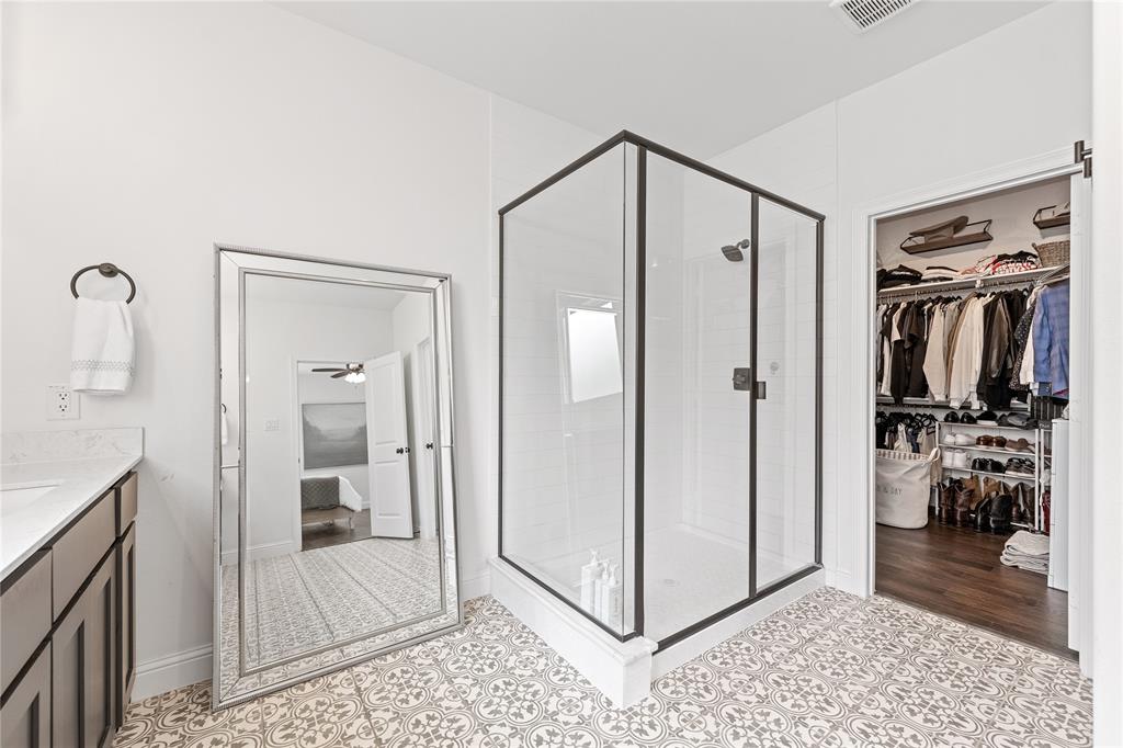 5244 Ranchero Trail Fort Worth, TX 76126 - Photo 20 of 33 Full bathroom featuring a stall shower, vanity, a spacious closet, and ceiling fan