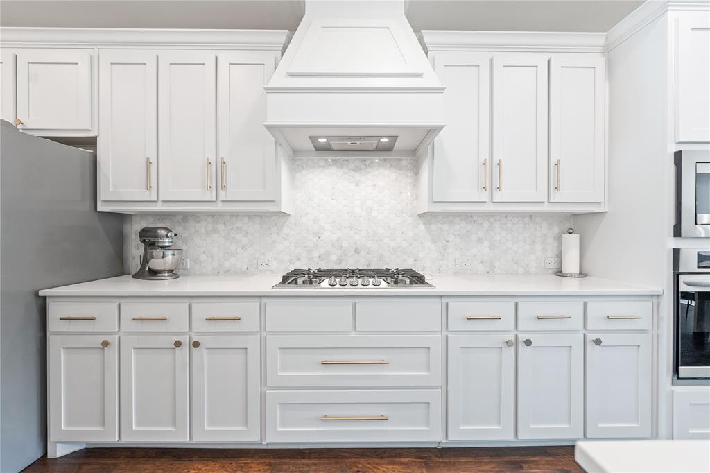 5244 Ranchero Trail Fort Worth, TX 76126 - Photo 10 of 33 Kitchen featuring custom range hood, white cabinets, appliances with stainless steel finishes, and tasteful backsplash
