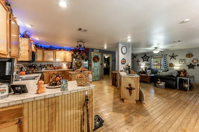a view of a living room and a kitchen