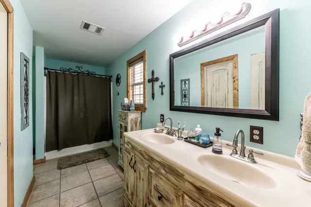 a bathroom with a double vanity sink a mirror and a shower