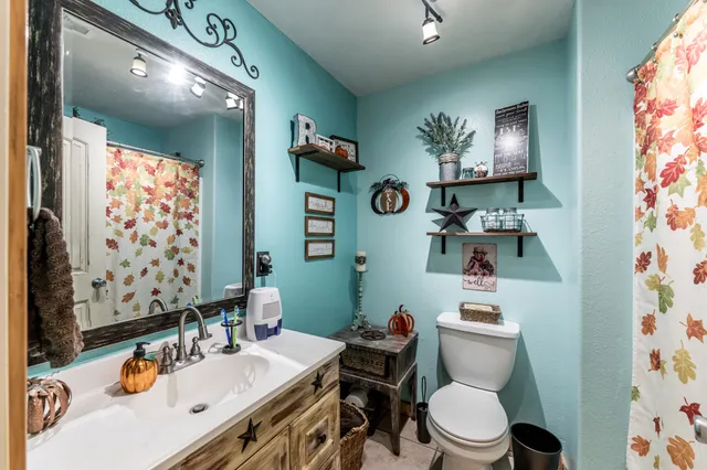 a bathroom with a sink toilet and shower curtain