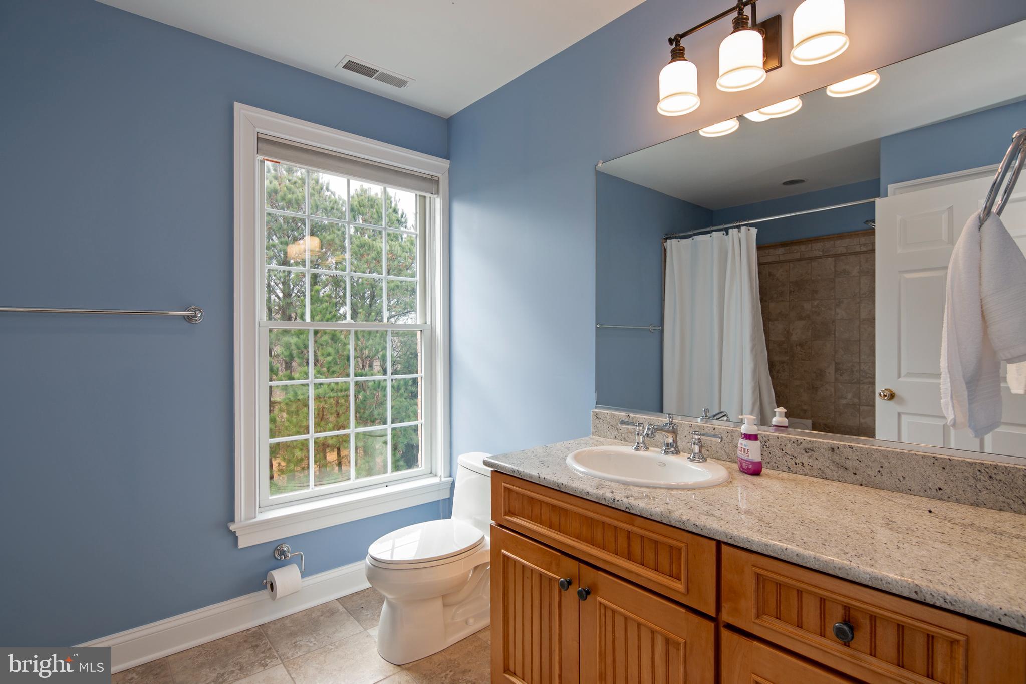 8781 Tilghman Island Road Wittman, MD 21676 - Photo 49 of 60 a bathroom with a granite countertop sink toilet a large mirror and a window
