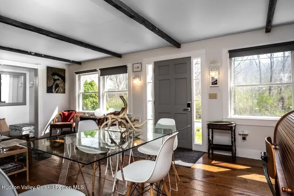 a view of a dining room with furniture window and wooden floor