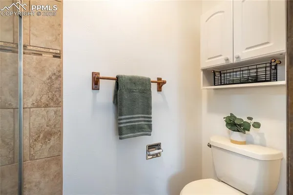 a bathroom with a toilet and a shower