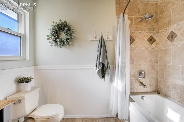 a bathroom with a shower a toilet and a bathtub