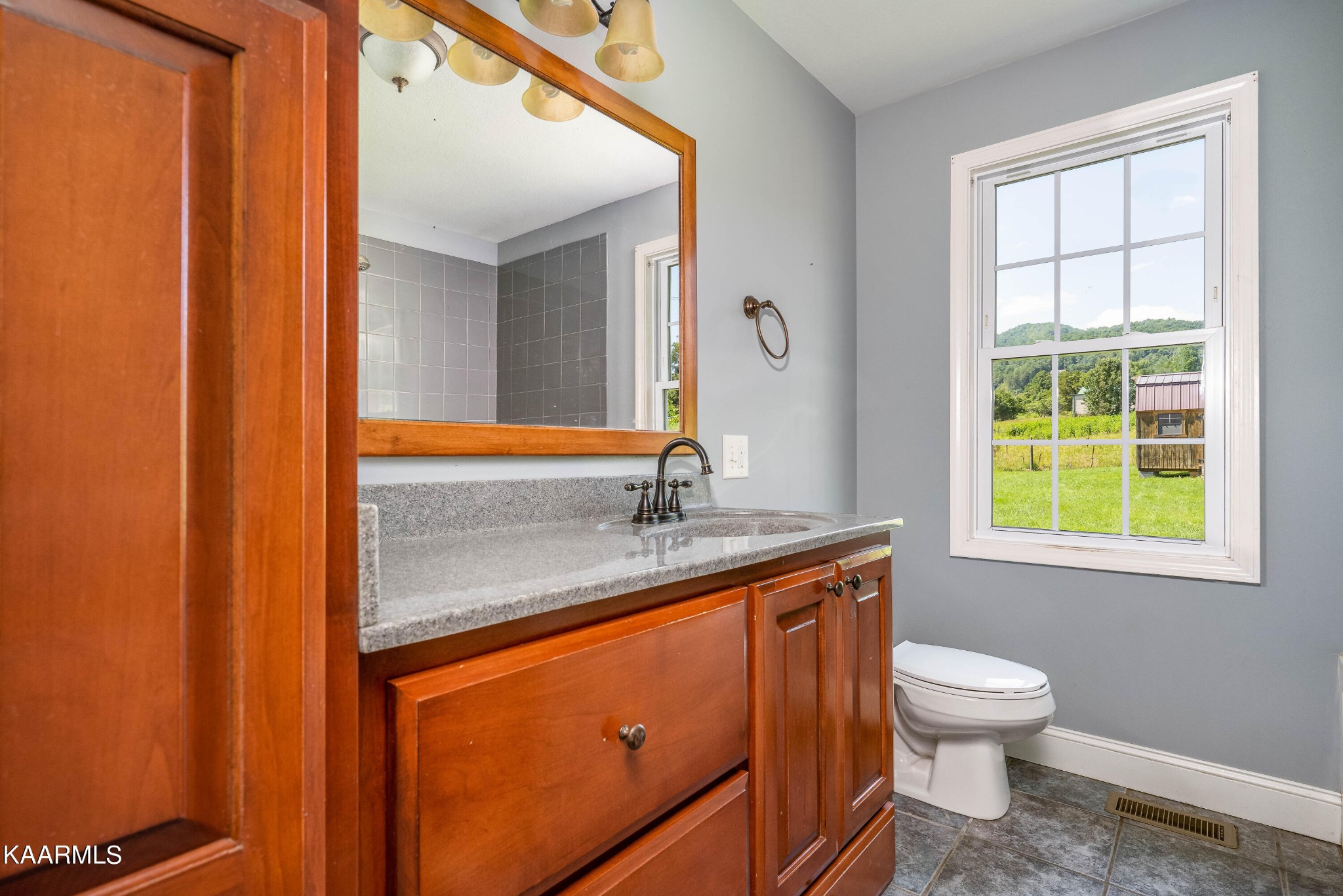 212 George Bowers Road Elizabethton, TN 37643 - Photo 42 of 49 a bathroom with a granite countertop sink toilet and mirror