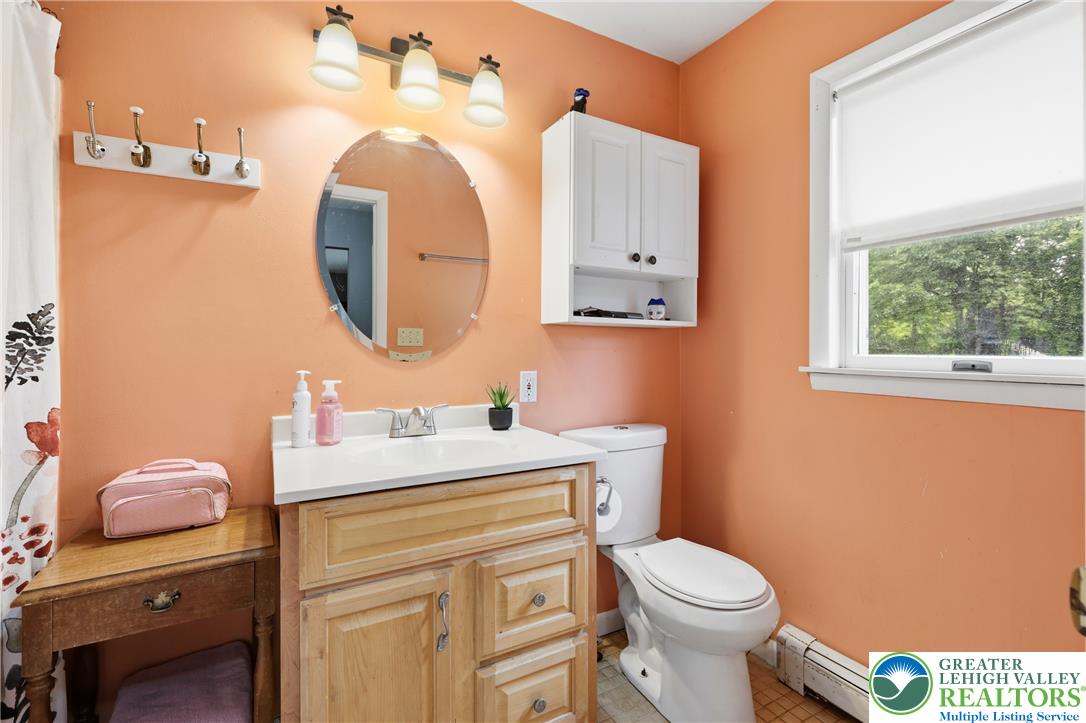 732 Bushkill Center Road Nazareth, PA 18064 - Photo 20 of 43 A well-appointed bathroom features a single vanity, an oval mirror, and an adjacent toilet.