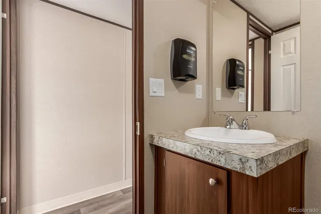 a bathroom with a sink and a mirror