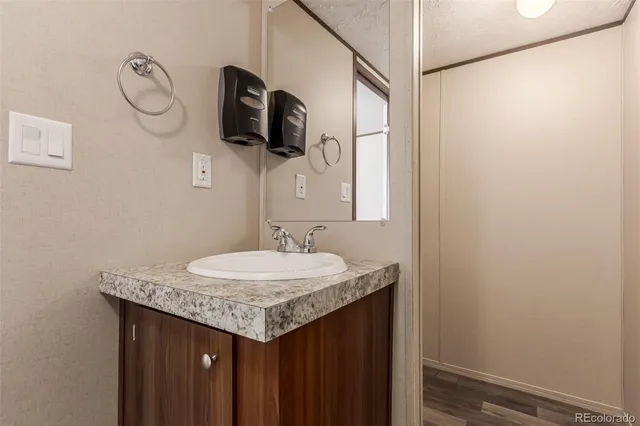 a bathroom with a granite countertop sink a mirror and shower curtain