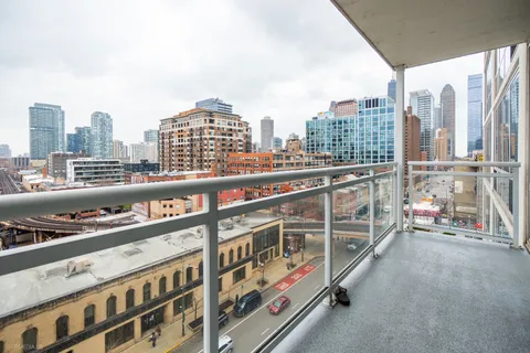 a city view with tall buildings
