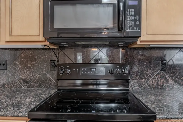a close view of a sink and a microwave
