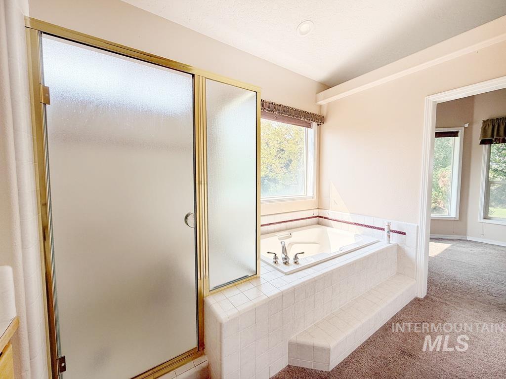 5875 Diamond Ridge Way Nampa, ID 83686 - Photo 27 of 32 Primary Ensuite Bath featuring a soaking tub with tile surround, separate walk-in shower with frosted glass enclosure and brass-tone framing, dual vanity with integrated sink, and carpeted flooring