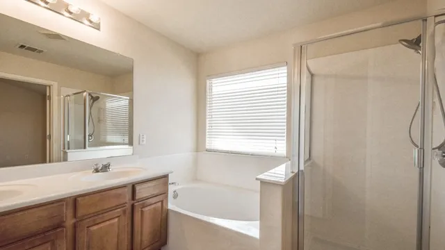 a bathroom with a bathtub sink vanity and a shower