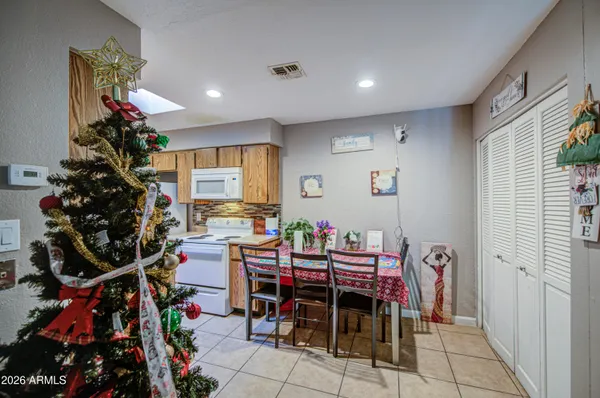 a view of a dining room with furniture