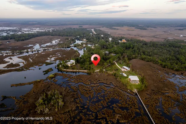 an aerial view of a house with a mountain