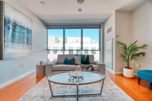 a living room with furniture a table and a potted plant