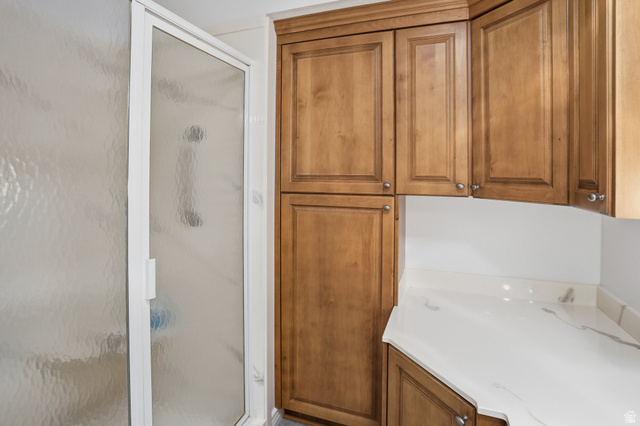 2190 750 West Perry, UT 84302 - Photo 29 of 42 Walk-in shower with textured glass enclosure, complemented by extensive wood cabinetry and a white countertop