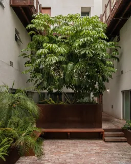 a view of a garden with an outdoor seating