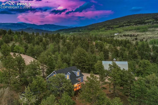 an aerial view of a house with mountain view