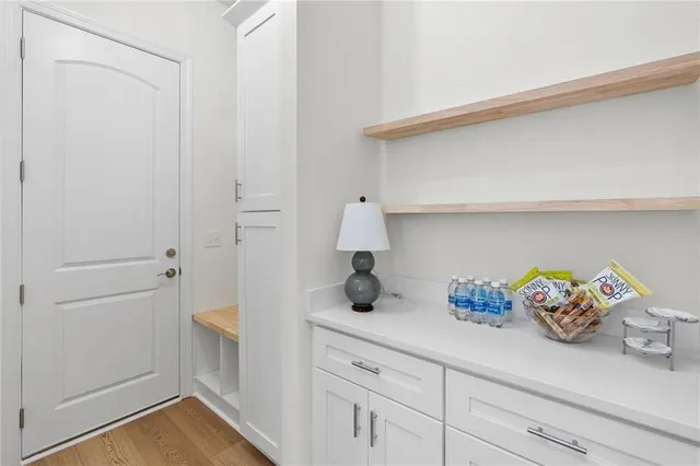 a kitchen with a cabinets and a potted plant on the counter