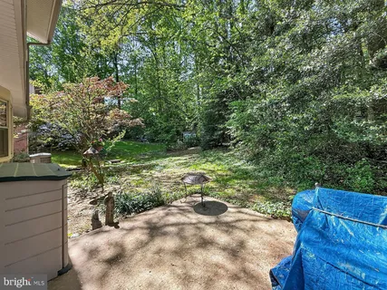 a view of backyard with wooden fence
